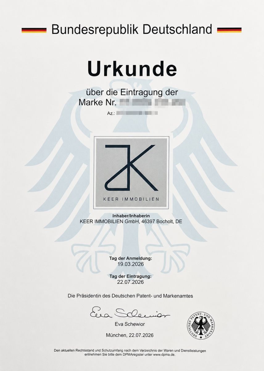 Markenurkunde der Wort-/Bildmarke KEER IMMOBILIEN