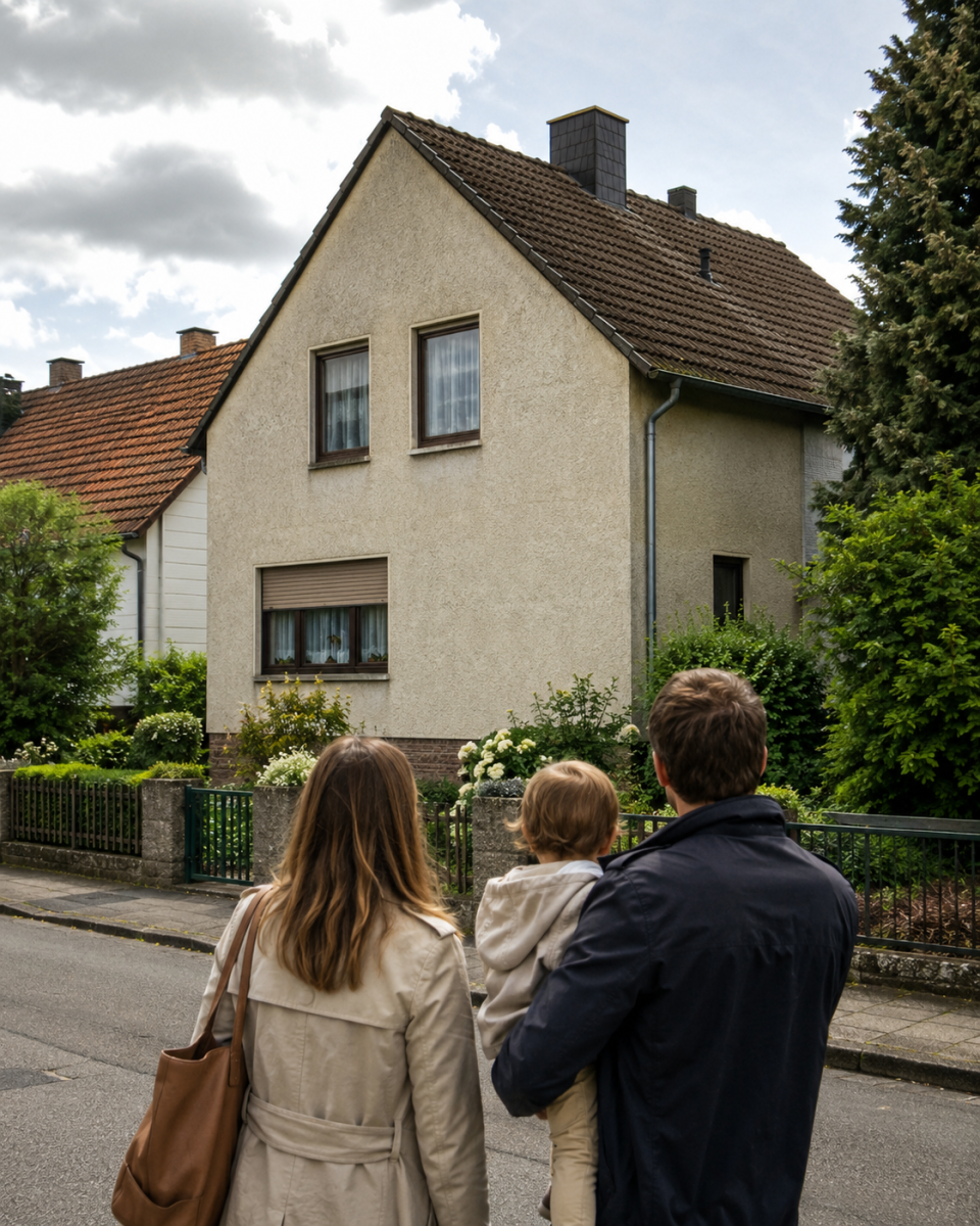 Familie vor einem älteren Einfamilienhaus zum KfW-Programm Jung kauft Alt