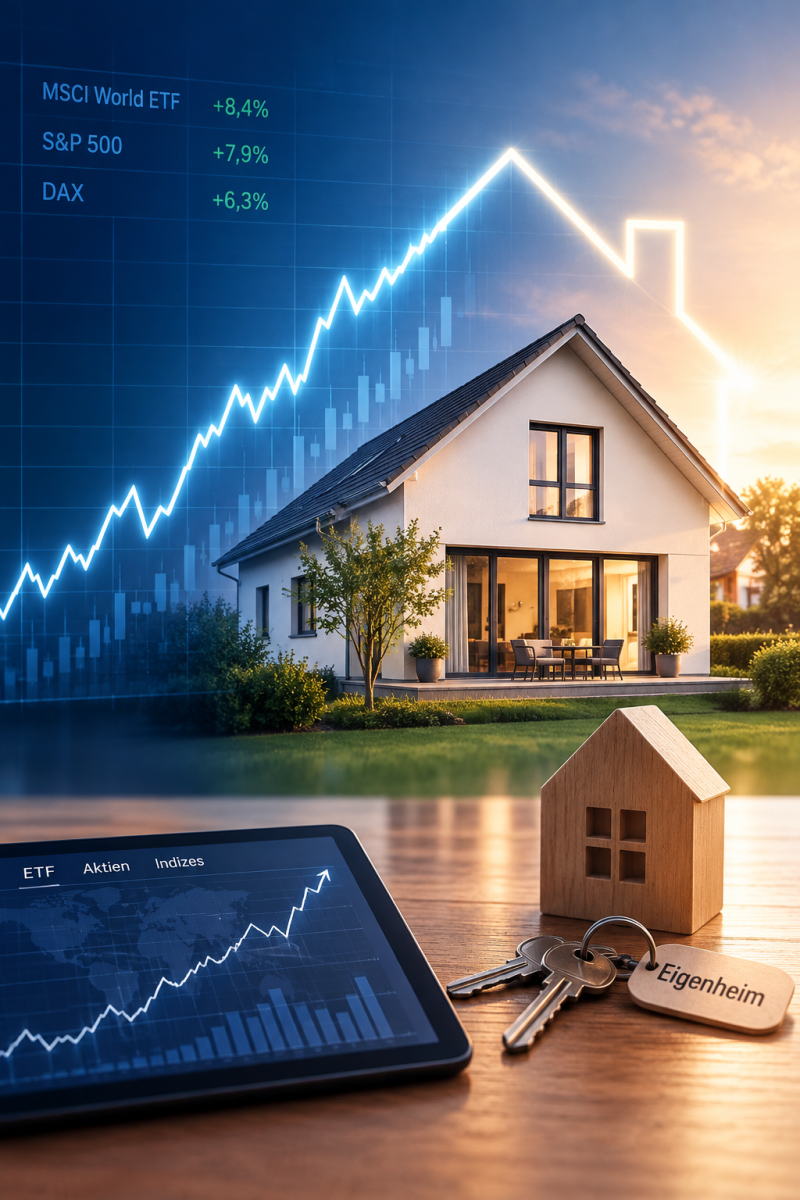 Eigenheim oder ETF: Börsenchart und Einfamilienhaus im Vergleich