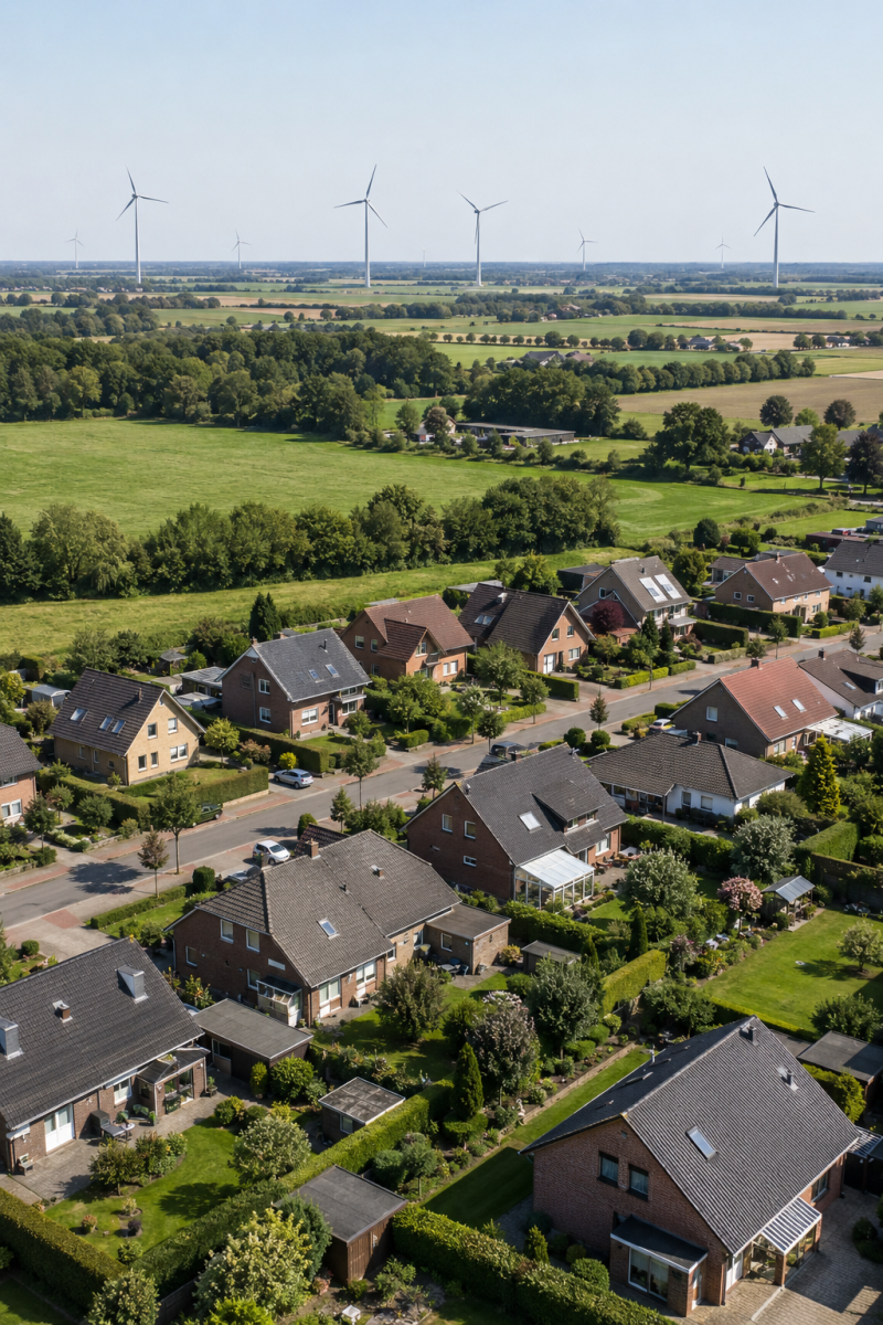 Wohngebiet im Westmünsterland mit Windkraftanlagen in der Landschaft
