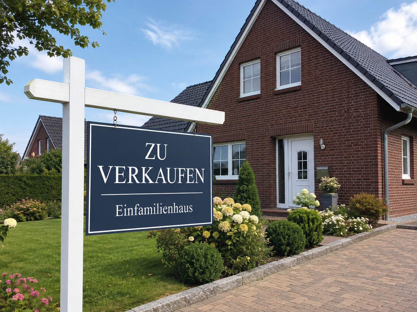 Verkaufsschild vor einem Wohnhaus im Westmünsterland