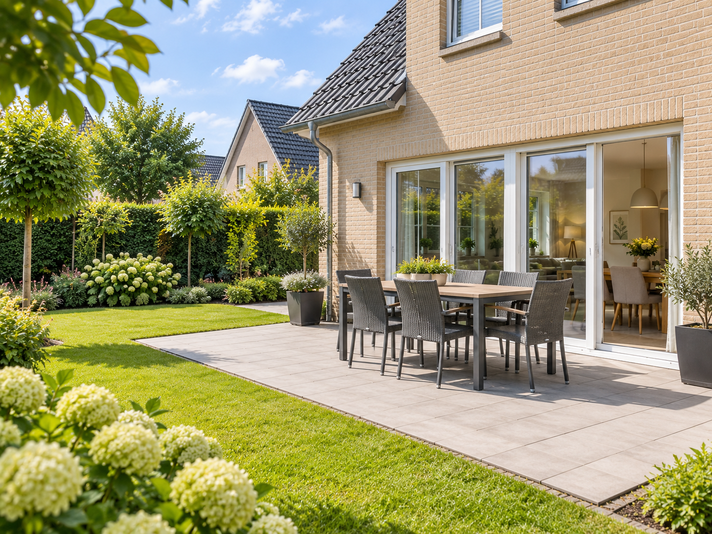 Terrasse und Garten des Musterhauses