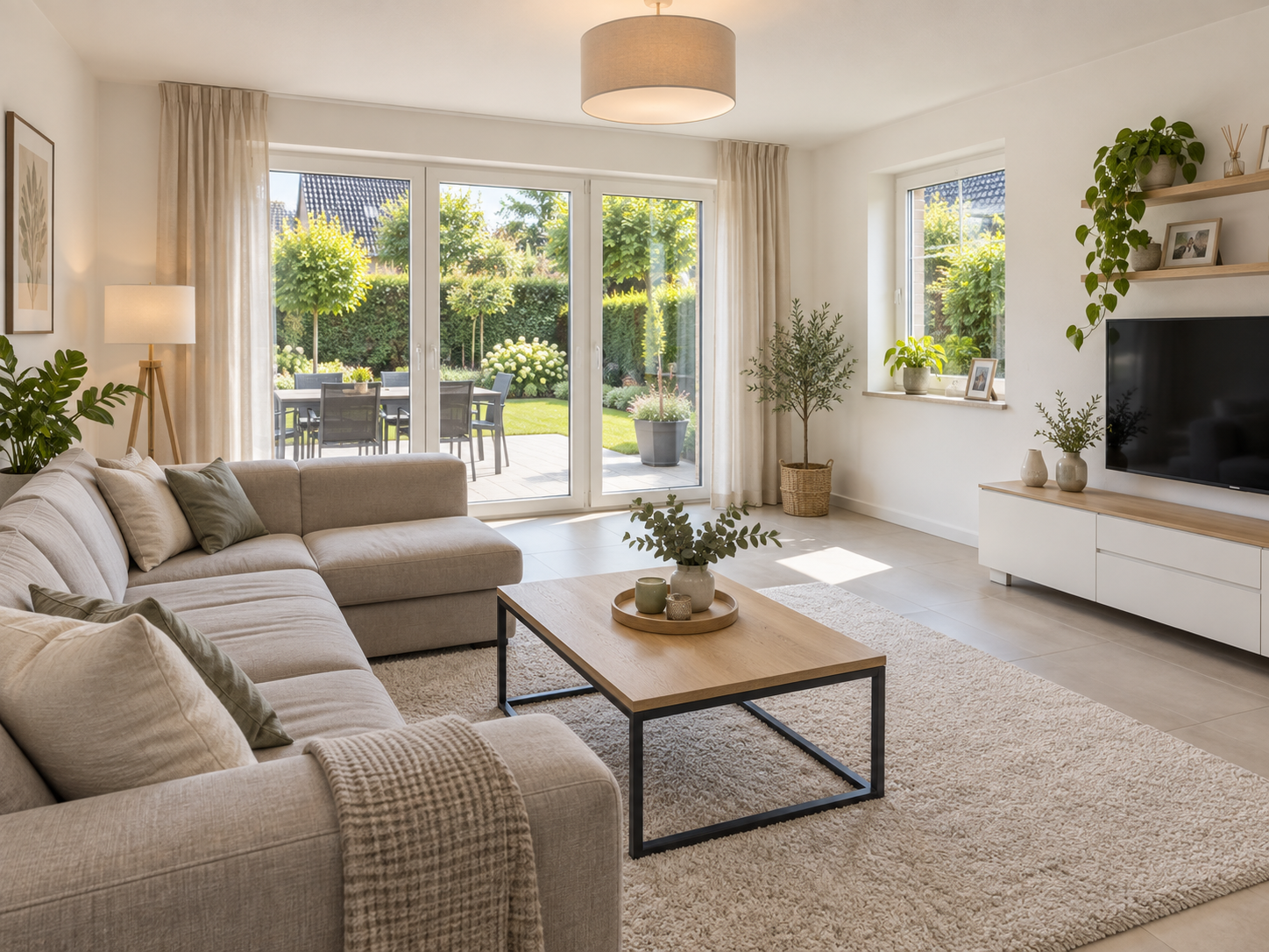 Helles Wohnzimmer mit Blick in den Garten