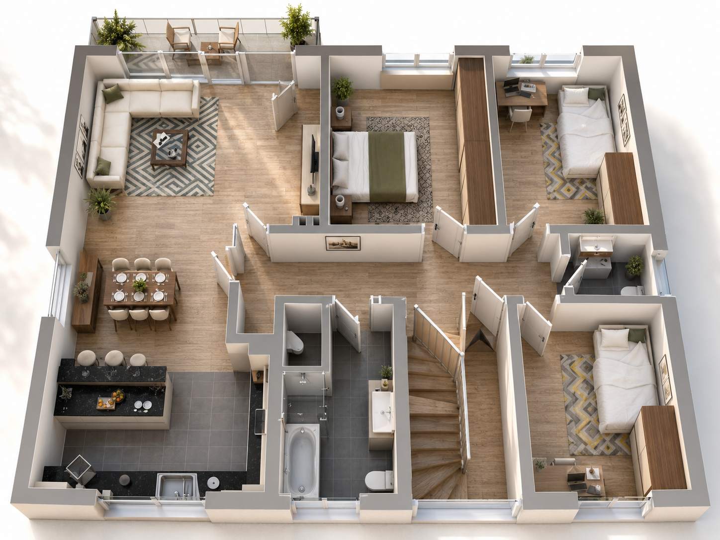 Dreidimensionaler Grundriss einer modernen Wohnung mit Balkon