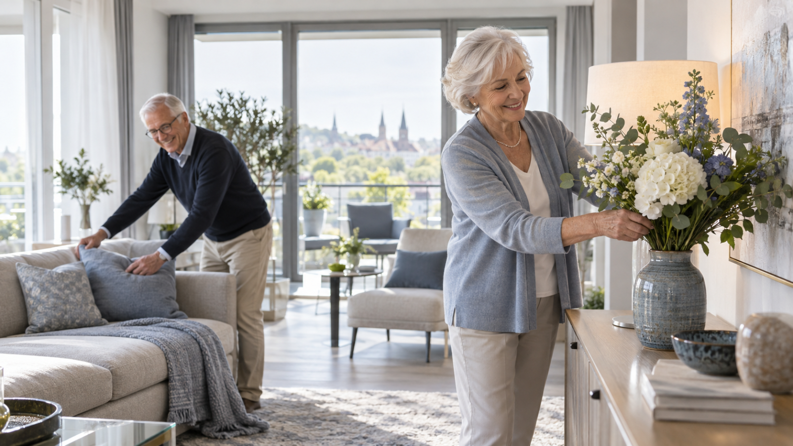 Älteres Paar richtet sich gemeinsam und zufrieden in seiner neuen Wohnung ein