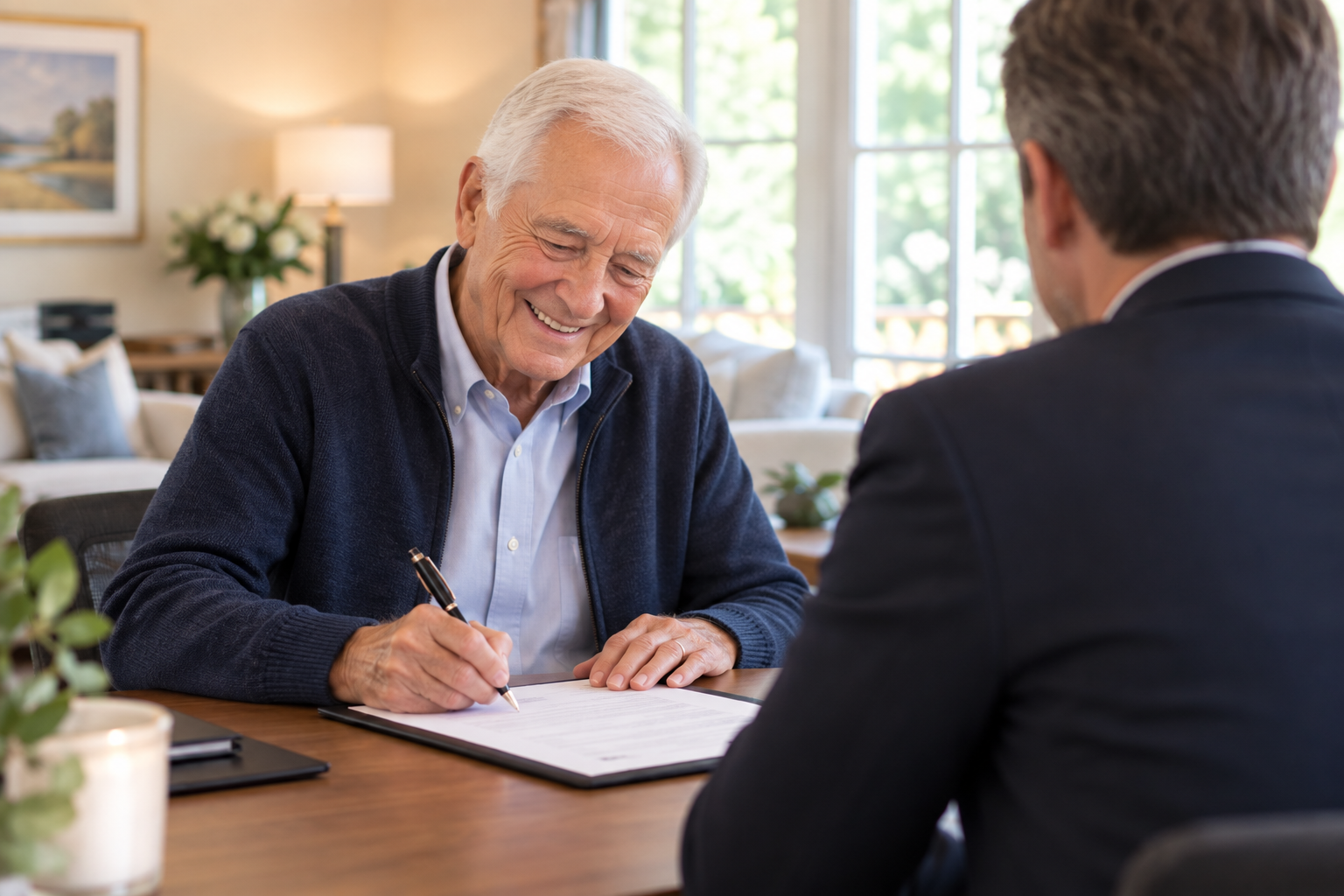 Ein Senior unterschreibt zufrieden im Beisein eines Maklers einen Vertrag